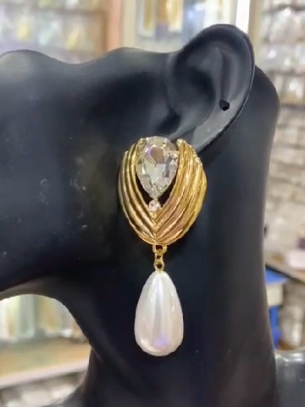 Gold-Tone Pearl Drop Earrings with Clear Crystal Accent